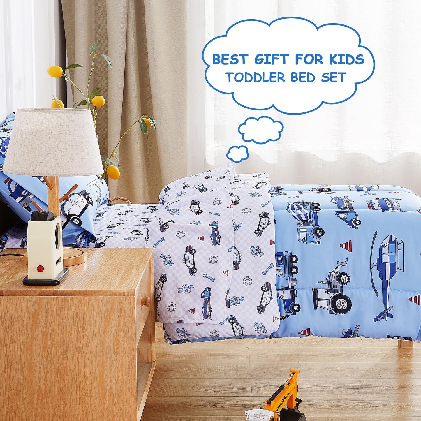 Mooreeke 4 Pieces Toddler Bedding Set - Blue Cool Police Car Plane Toddler Comforter Sets for Boys, Includes Comforter, Flat Sheet, Fitted Sheet and Pillowcase, Bed in A Bag for Baby Bedroom
