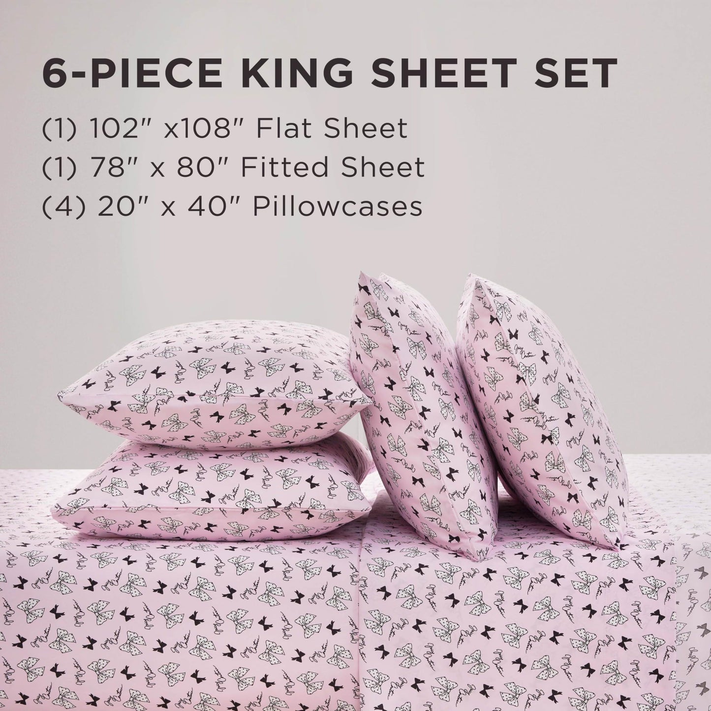Juicy Couture Printed Microfiber 6-Piece King Sheet Set, Polka Dot Bow Toss Light Pink