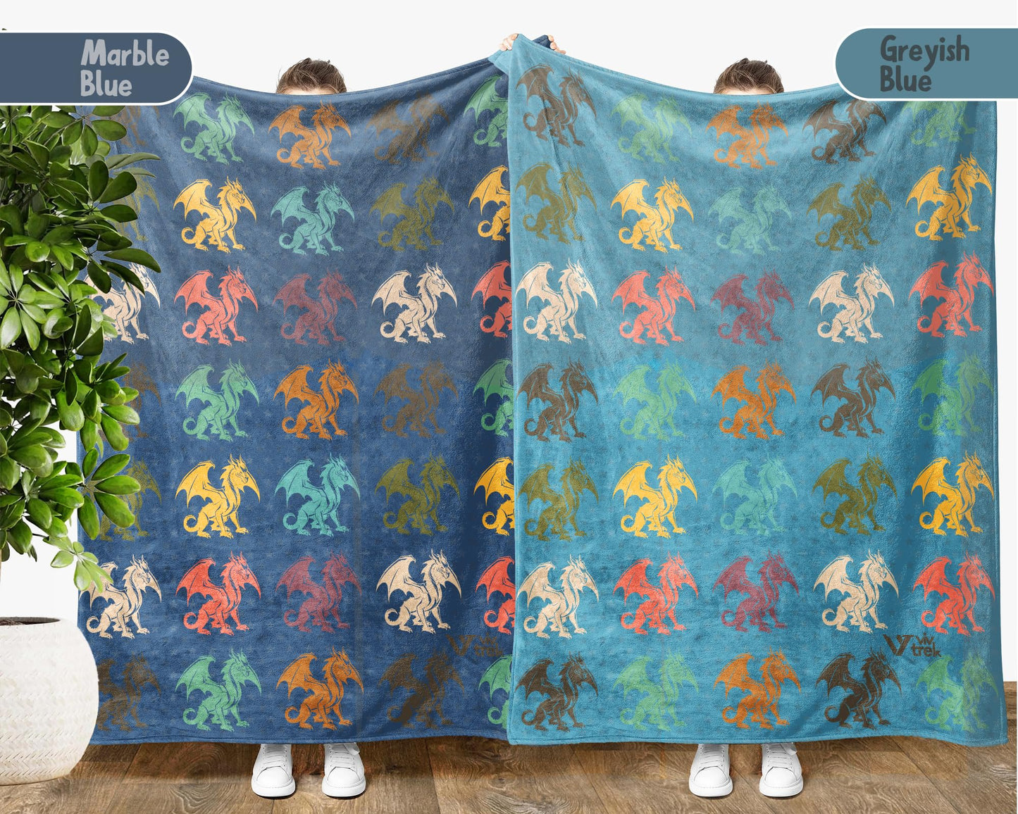 Dragon Lover Blanket, Mythical Creature Throw, Retro Fantasy Gift, Cozy Unique Dragon Decor for Bedroom, Lounge Area, or Creative Fantasy Style Living Space (Greyish Blue, Plush 50" x 60")