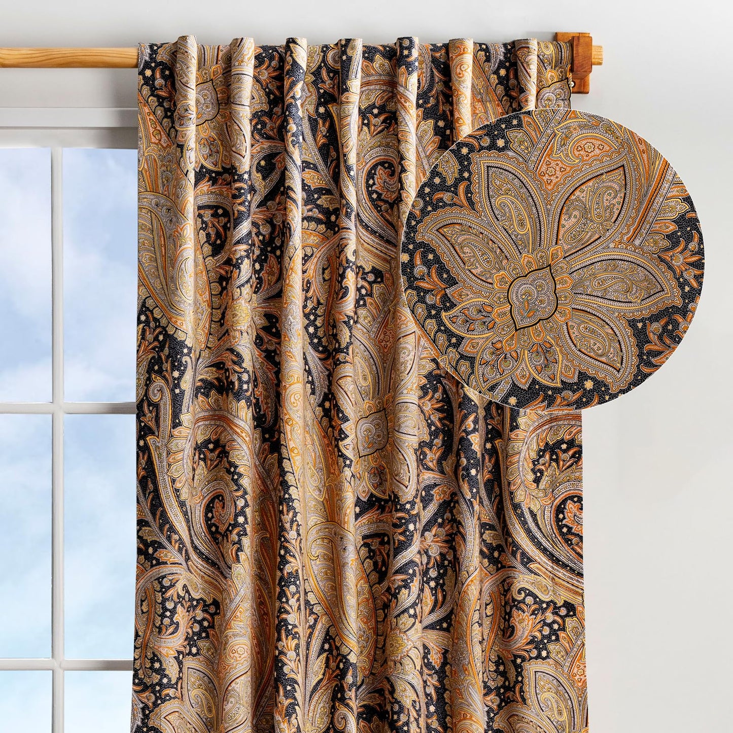 Maison d' Hermine Curtains for Living Room 100% Cotton 96 inch Length One Panel Light Filtering Curtains for Windows with Rod and Loop Pockets (Kashmir Paisley - Graphite, 50" W x 96" L)