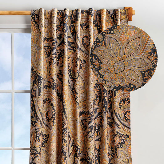 Maison d' Hermine Curtains for Living Room 100% Cotton 96 inch Length One Panel Light Filtering Curtains for Windows with Rod and Loop Pockets (Kashmir Paisley - Graphite, 50" W x 96" L)