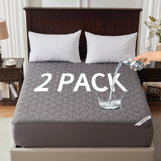 2 Pack Waterproof Mattress Protector, Queen Size Mattress Pad Noiseless with Deep Pocket 6"-18" Depth, Soft Breathable Dirt-Proof Bed Mattress Cover Washable for Home, Bedroom, Hotel (Gray)