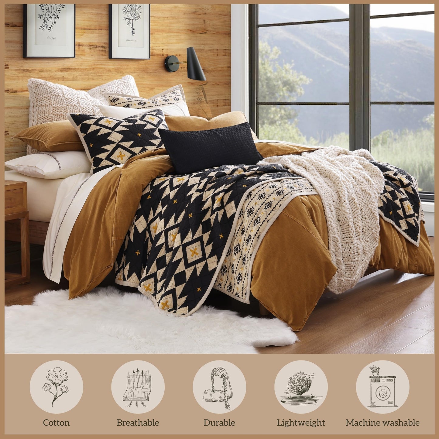 Paseo Road High Desert King Quilt Set, 3 Piece Rustic Western Bedding Set with Pillow Shams, Lightweight Reversible Cotton Quilt with Southwestern Aztec Pattern, Soft Breathable Cozy Boho Bedding