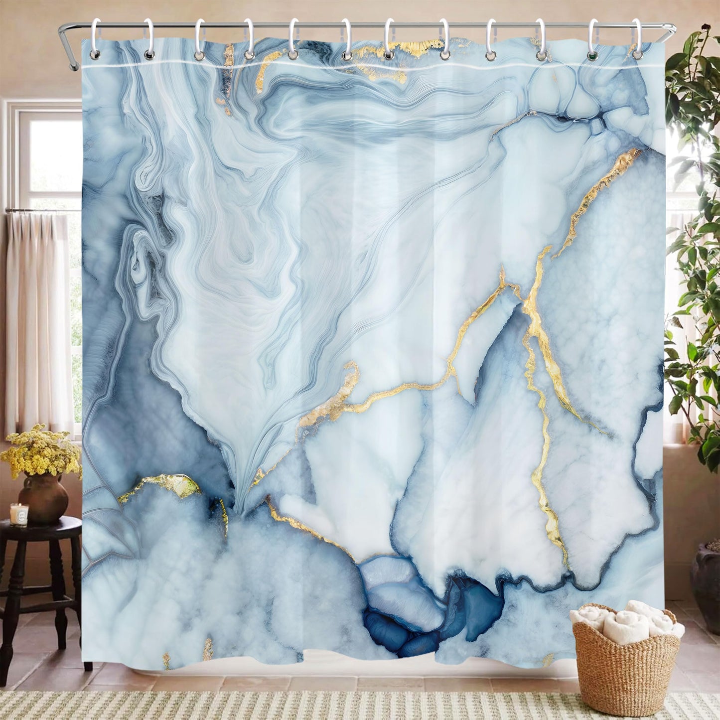 Mayormyth Blue Marble Shower Curtain Modern Abstract Shower Curtains for Bathroom Decor Luxury Ink Texture Shower Curtain Set with Hooks Polyester Waterproof Cloth Fabric with Hooks