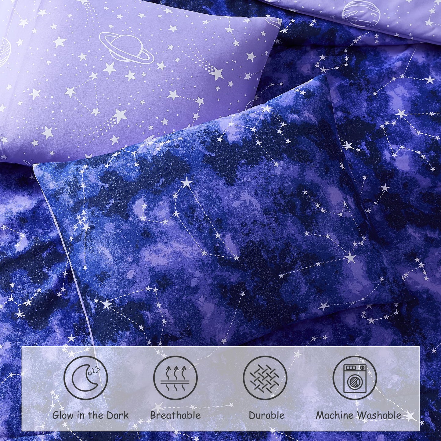 Wink Deer Full Size Comforter Set -7 Pieces Girls Boys Galaxy Glow in the Dark Full Bedding Sets for Kids, Ultra Soft Bed in A Bag with Sheets