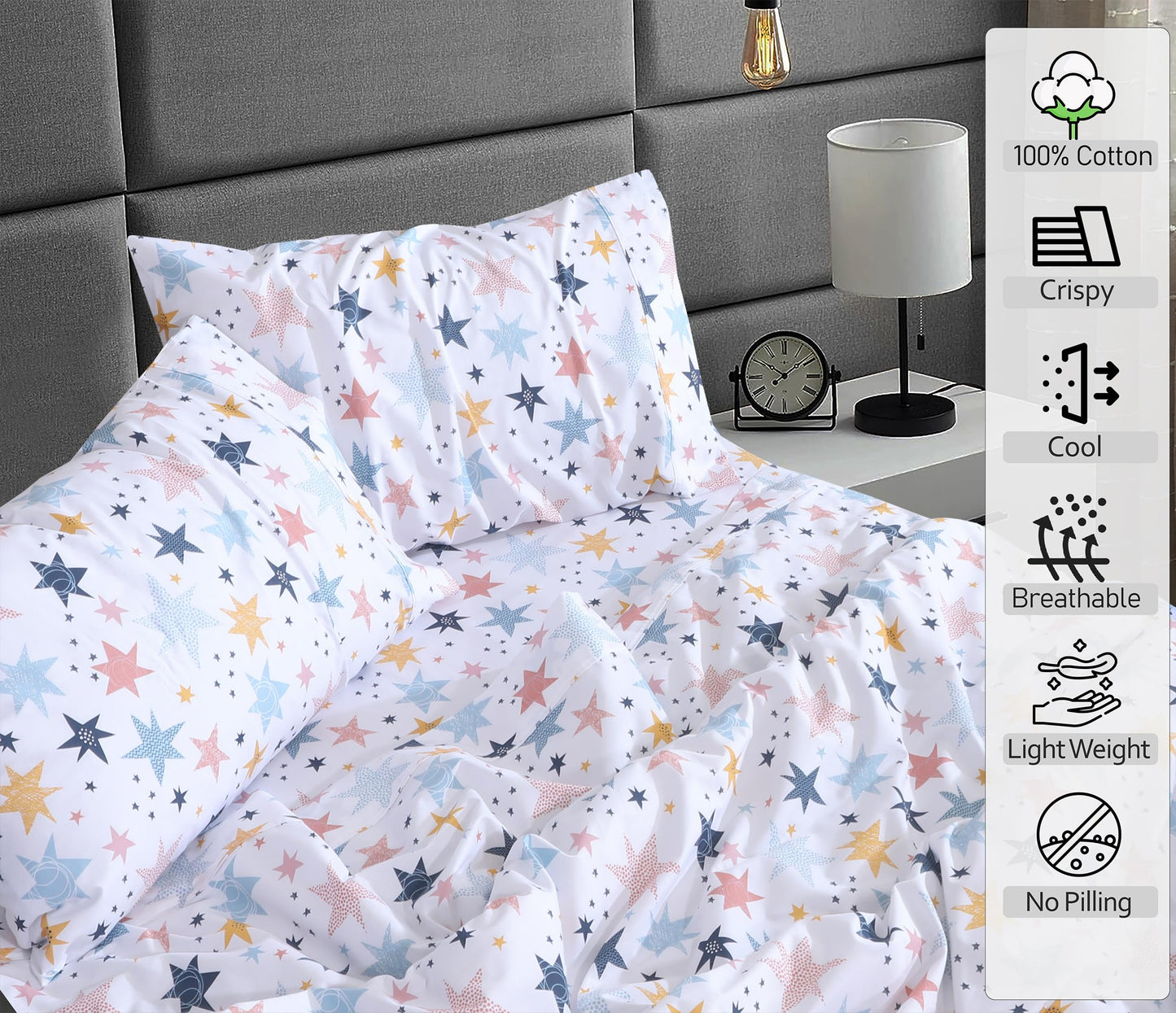 RUVANTI 100% Cotton Percale Sheets Queen Size – Crisp Cooling Bed Sheets for Hot Sleepers, Deep Pocket 16”, Soft Breathable & Durable Hotel-Style 4 Piece Set, Fault Star