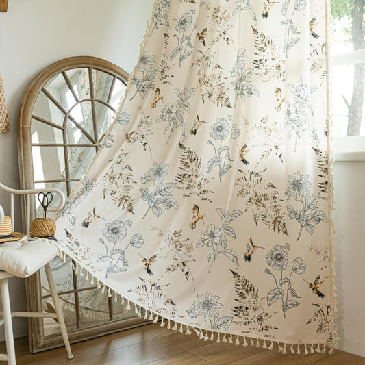 WKBEC Bird Floral Curtains 63 Inch Length 2 Panels, Light Filtering Farmhouse Window Curtains, Vintage Botanical Drapes with Tassel Trim for Living Room Bedroom, Rod Pocket, Beige