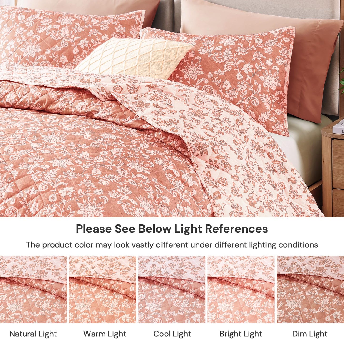 BLOOMHAVEN Quilt Set Queen Size, Clay Pink Floral Quilt Sets, Reversible Bedspread Lightweight and Breathable for All Seasons, Soft Quilted Bedspread with 2 Pillow Shams