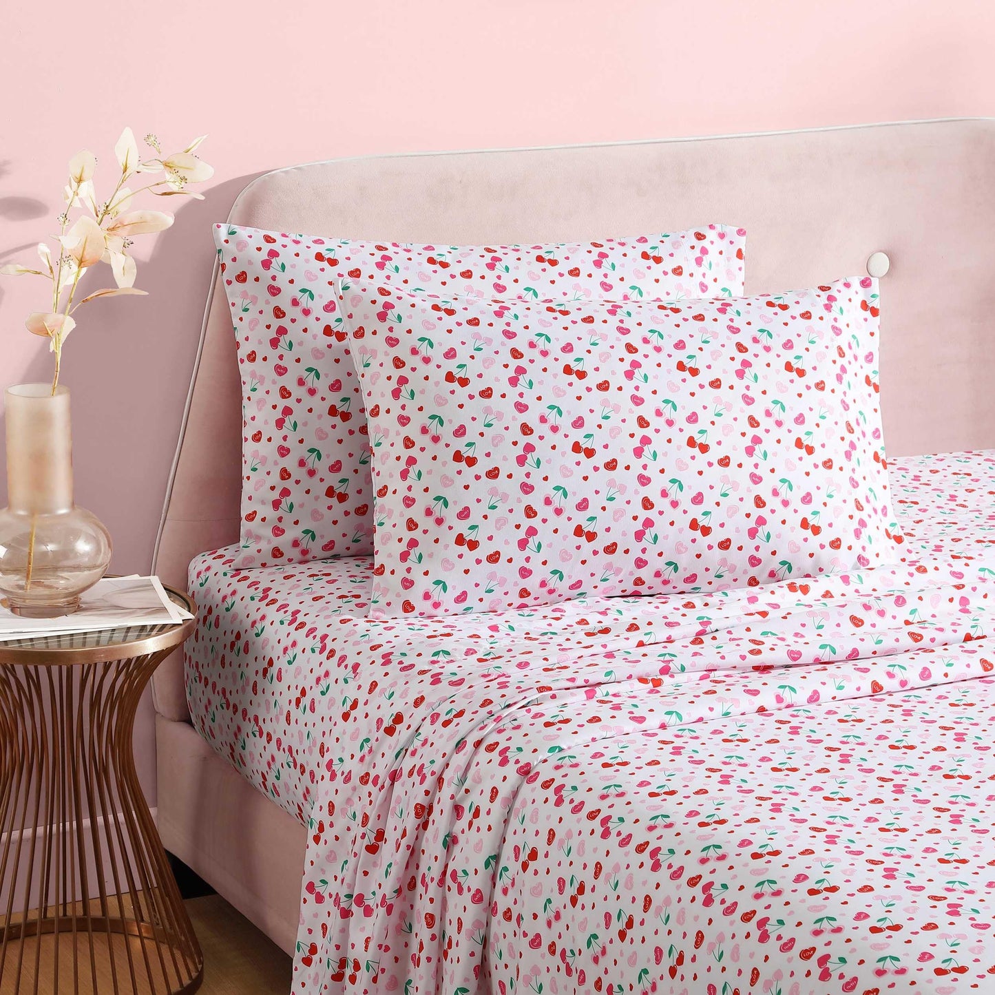 Betsey Johnson - Queen Bed Sheets, Super Soft Bedding with Matching Sham(s), Fade & Wrinkle Resistant Bed Essentials (Sweet Tart Cherries Pink, Queen)