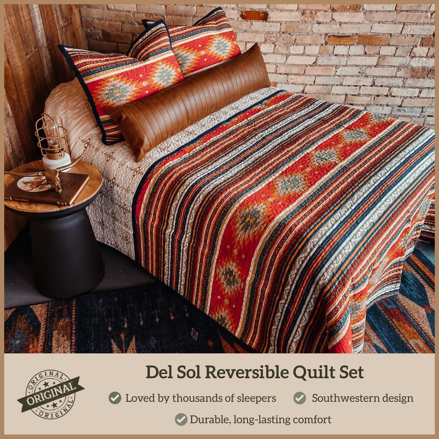 Paseo Road Del Sol Queen Quilt Set, 3 Piece Rustic Western Bedding Set with Pillow Sham, Lightweight Reversible Cotton Quilt with Southwestern Aztec Pattern, Soft Breathable Cozy Boho Bedding