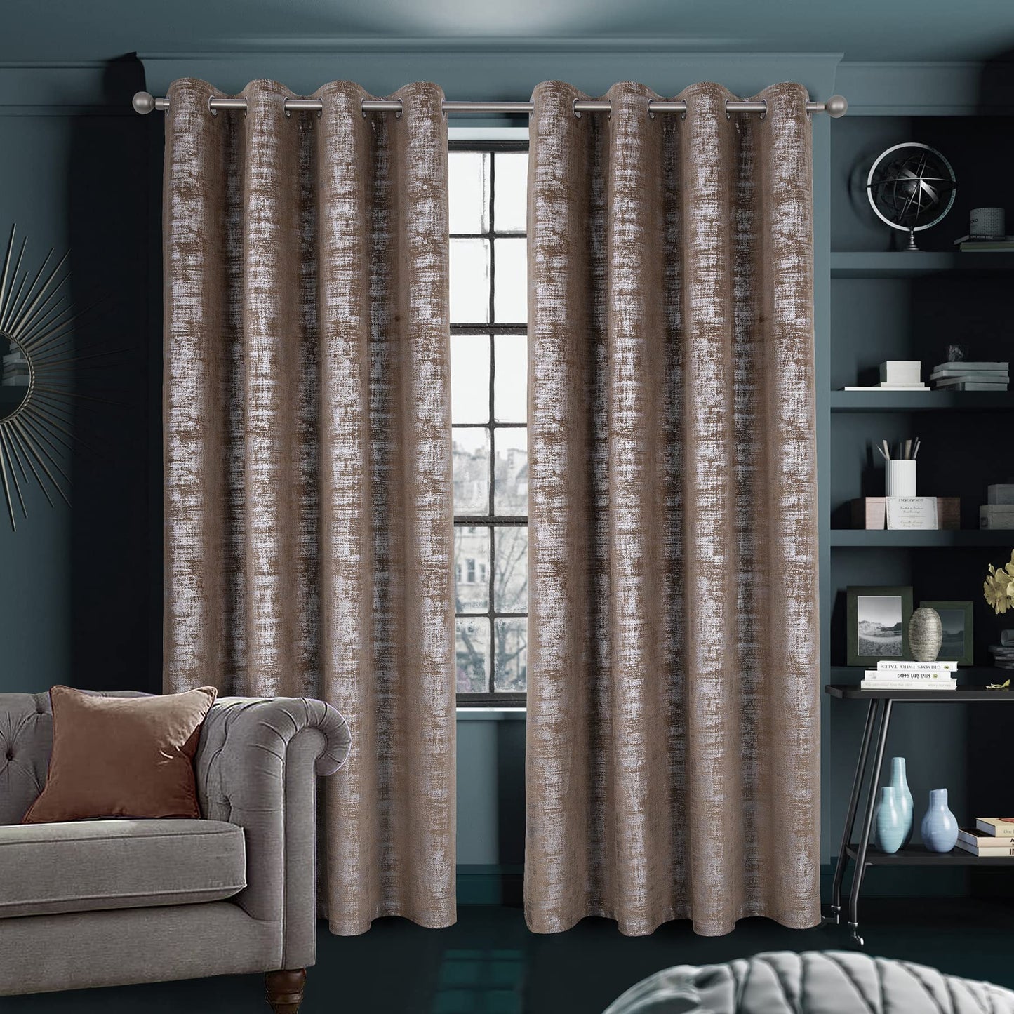 always4u Mocha Soft Velvet Curtains 95 Inch Length Luxury Bedroom Curtains Silver Foil Print Window Treatments for Living Room Bedroom Set of 2