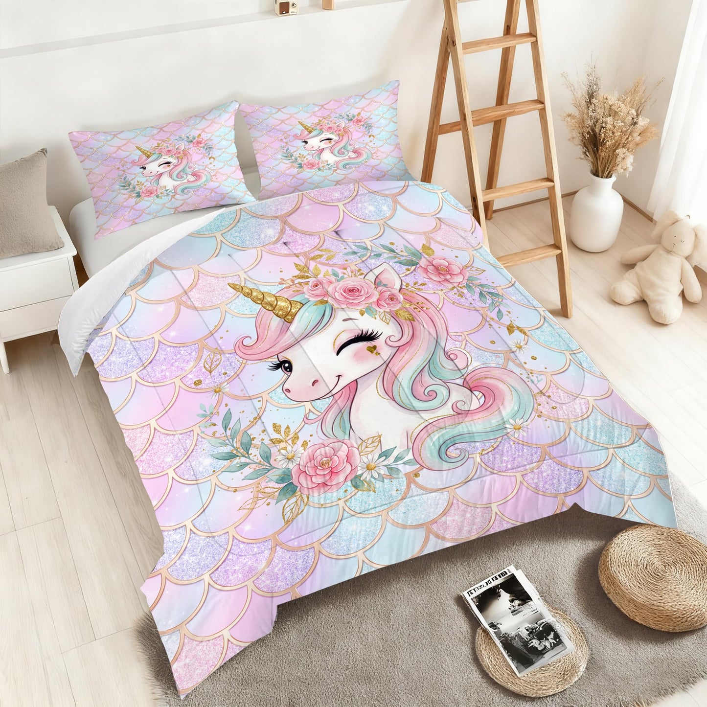 VTKON Unicorn Mermaid Bedding Set Twin Size, Pastel Pink Blue Glitter Scales Comforter Set, Magical Fantasy Bed Set for Kids Girls Room with 1 Comforter + 1 Pillowcase