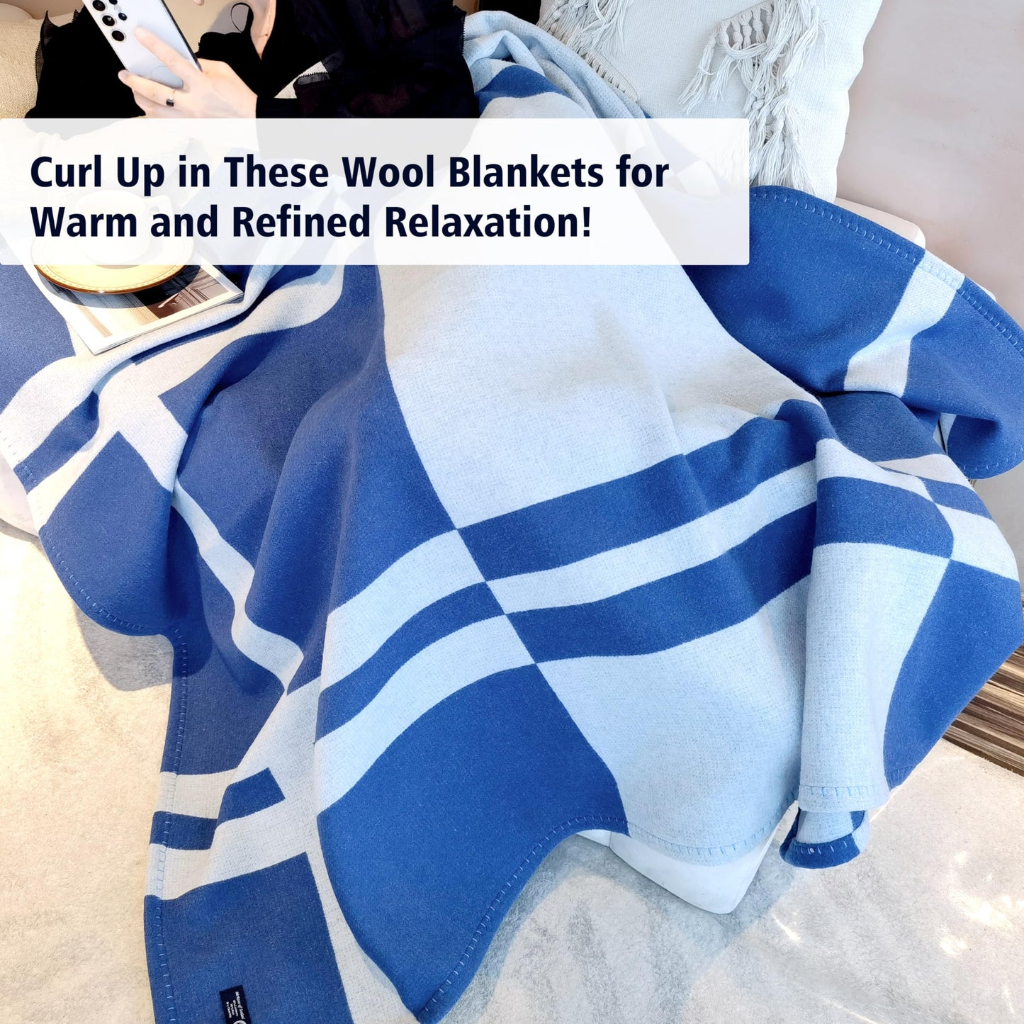Wool Blanket & Throws 90% Wool Warm Blanket Soft Couch Blankets 75"x55" Twin Throw Blankets for Living Room, Camping, Outdoors, or Car Travel with Exquisite Box for Gift (Blue)