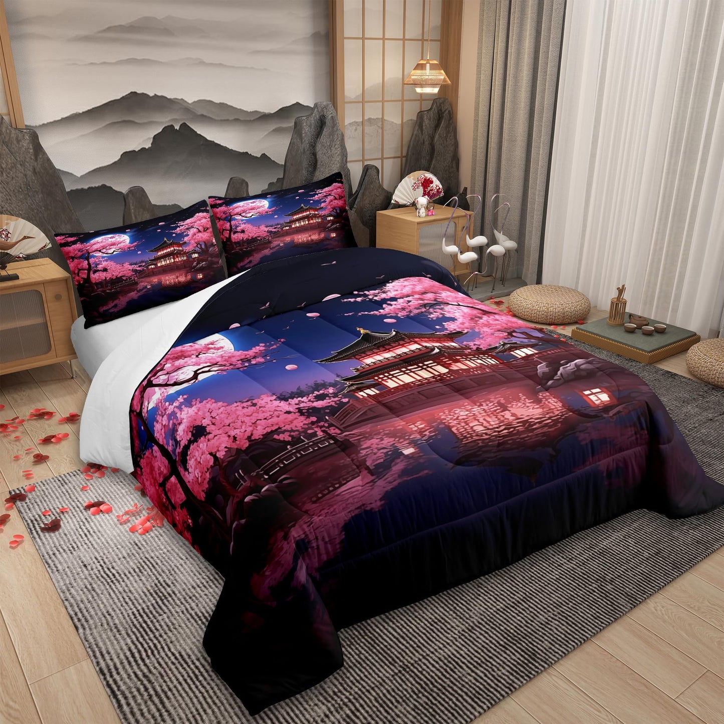 Pink Cherry Blossoms Comforter Set Queen Size,Japanese Style Building View Bedding Set for Kids Girls Women Men Bedroom Decor,Night Moon Quilt Set Romantic Exotic Duvet Insert,2 Pillowcases
