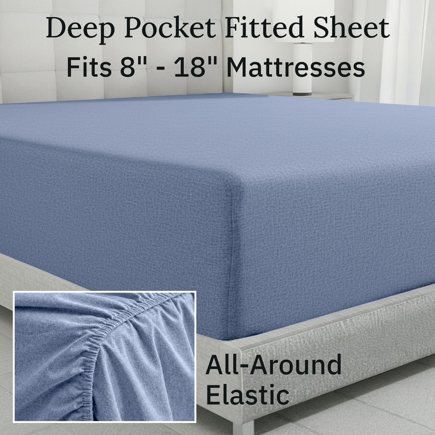 California Design Den Flannel King Size Sheets Set - Made in Portugal, 4-Piece 100% Cotton Flannel Sheets King Size, Thick, Velvet Soft, Triple-Brushed with Extra Deep Pockets - Heather Blue