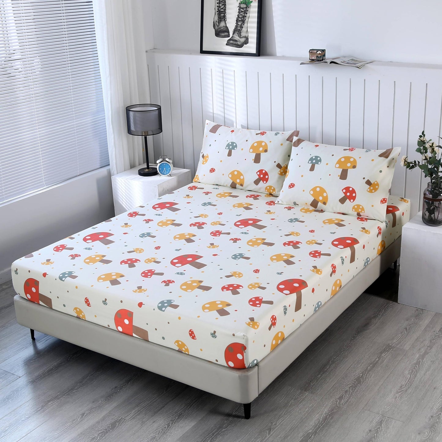 SDIII Cute Mushroom Fitted Sheet Twin with 2 Pillowcases, Deep Pocket Soft Microfiber Mushroom Sheet Twin for Boys Girls Kids and Teens