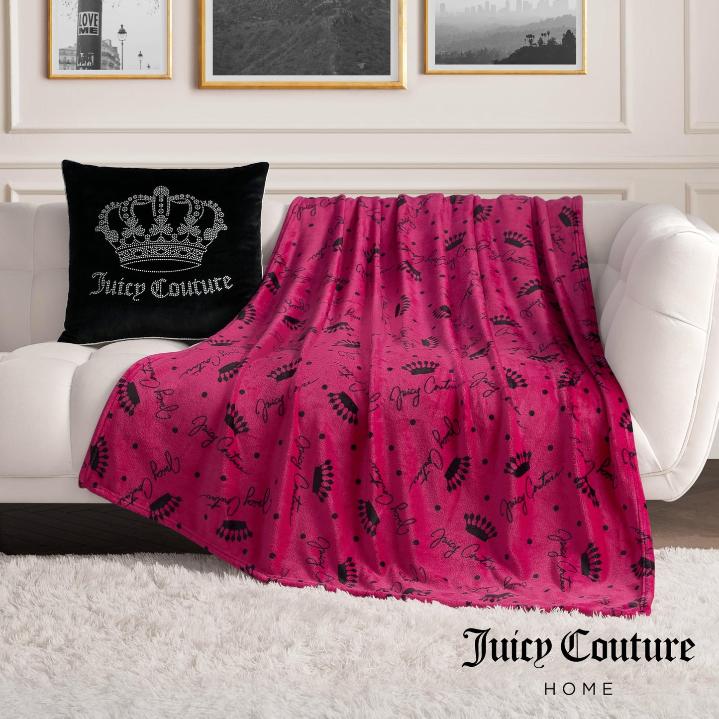 Juicy Couture Luxurious Throw Blanket for Couch - 50” x 70” Inches - Crown Royal Blanket - Plush & Cozy Throw Blanket - Decorative Blankets for Sofas, Throws for Chairs, and Beds – Hot Pink