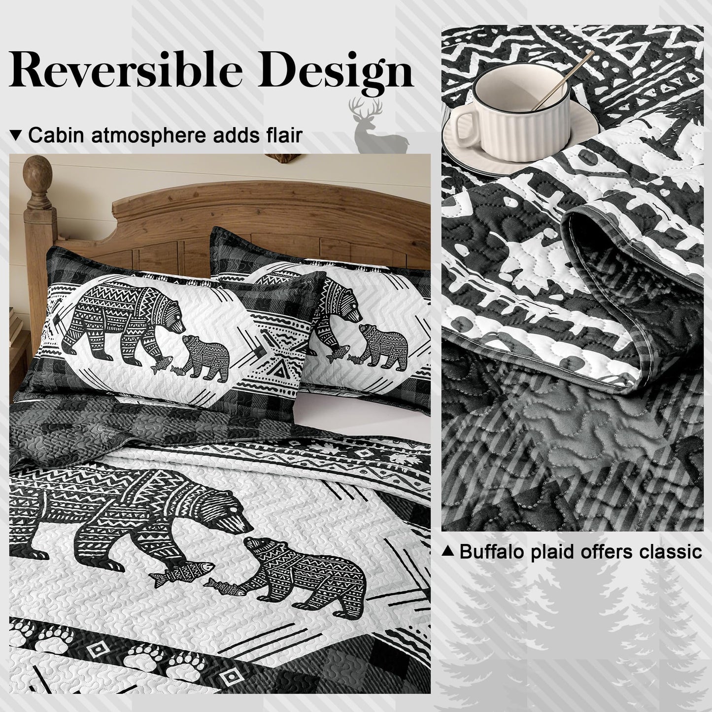 3 Piece Cabin Full/Queen Quilt Sets Farmhouse Rustic Reversible Microfiber Soft Lightweight Bedspread Comforter with 2 Shams Patchwork Country Lodge Bedding Quilts Set for All Season, 90''x96'' , Grey