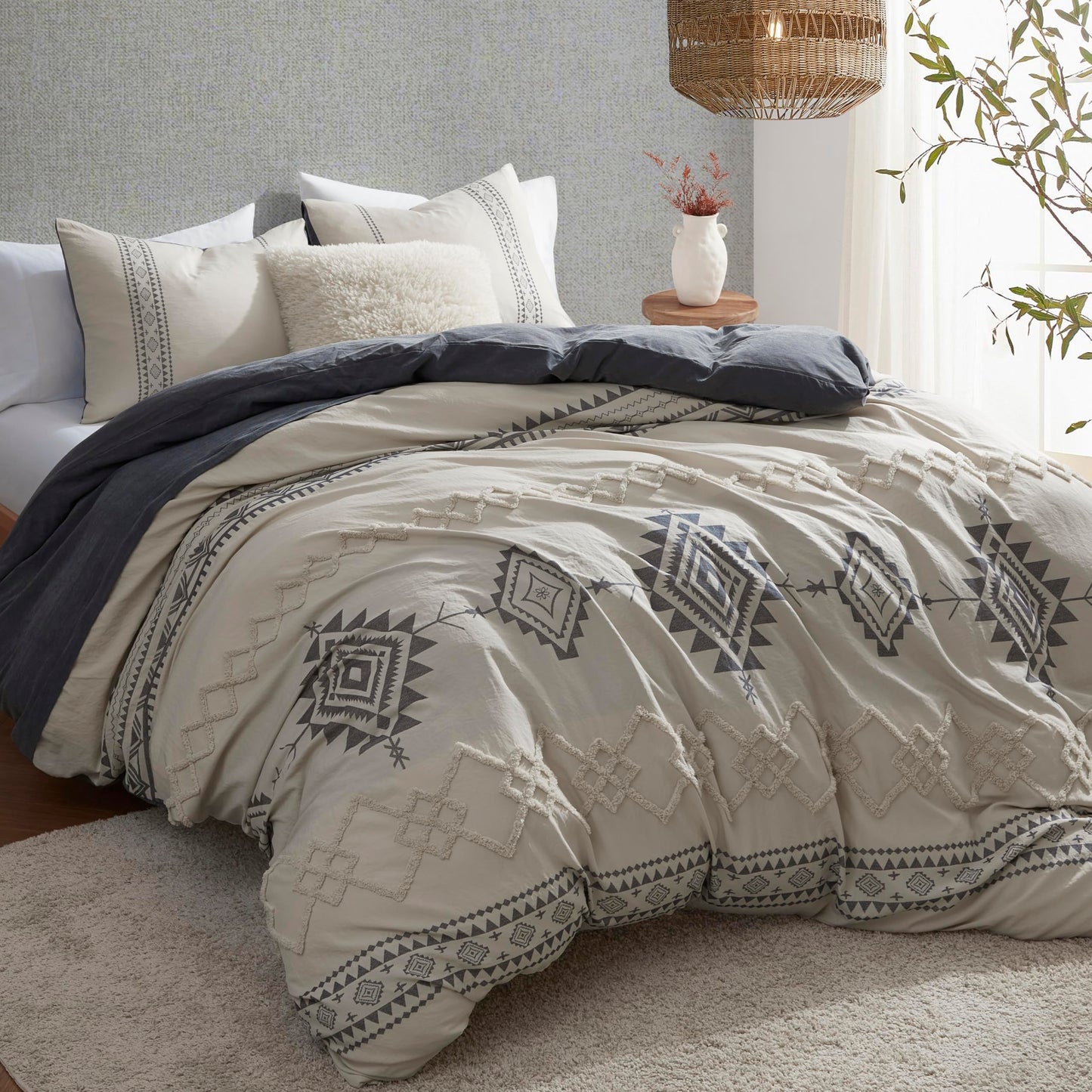 Oli Anderson Boho Duvet Cover Set Queen Size, Beige and Gray Color Clash 3 Pieces Microfiber Bedding Set, Durable and Super Soft Duvet Covers with Zipper and Ties, 90"*90"