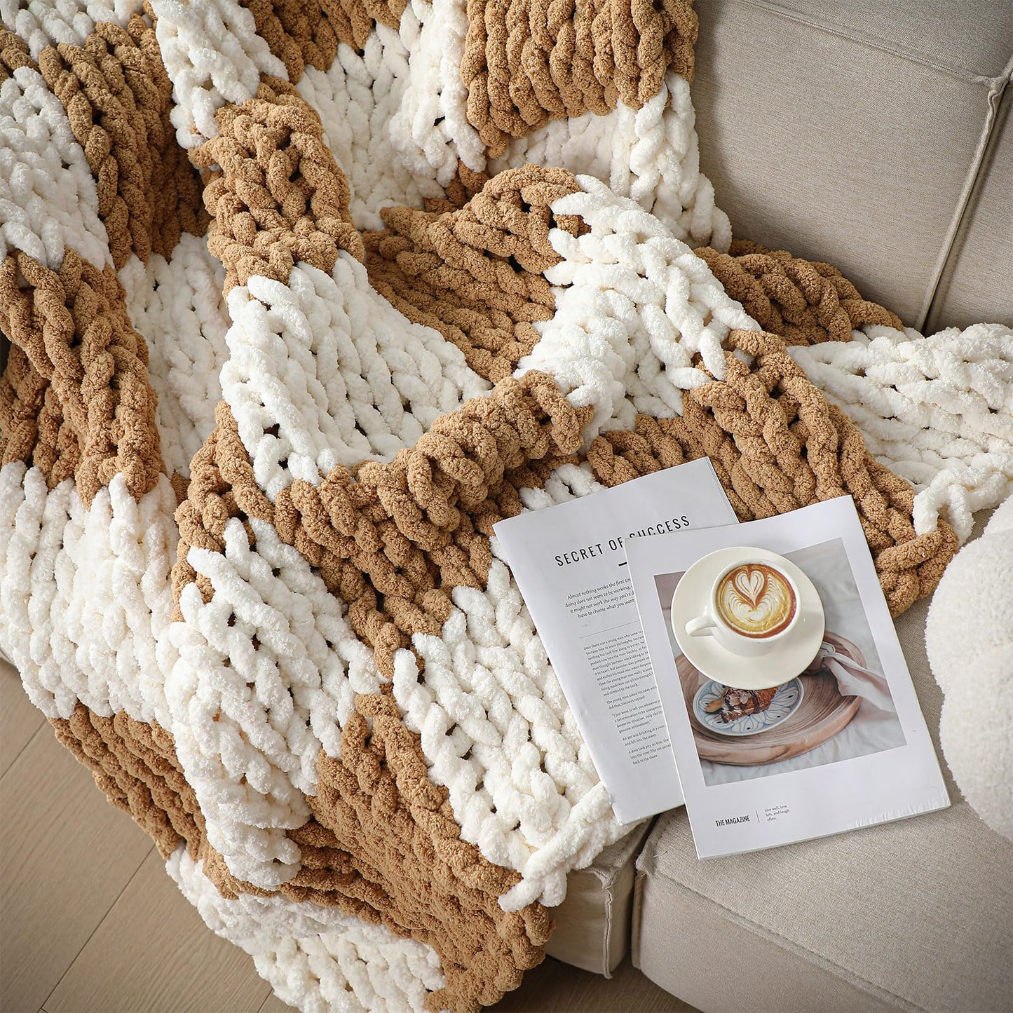 Tudomro Checkered Chunky Knit Throw Blanket for Couch 50 x 60 Inches Neutral Decor 100% Hand Knitted Cozy Soft Large Rope Knot Crochet Blankets for Sofa Living Room(Ivory and Brown)