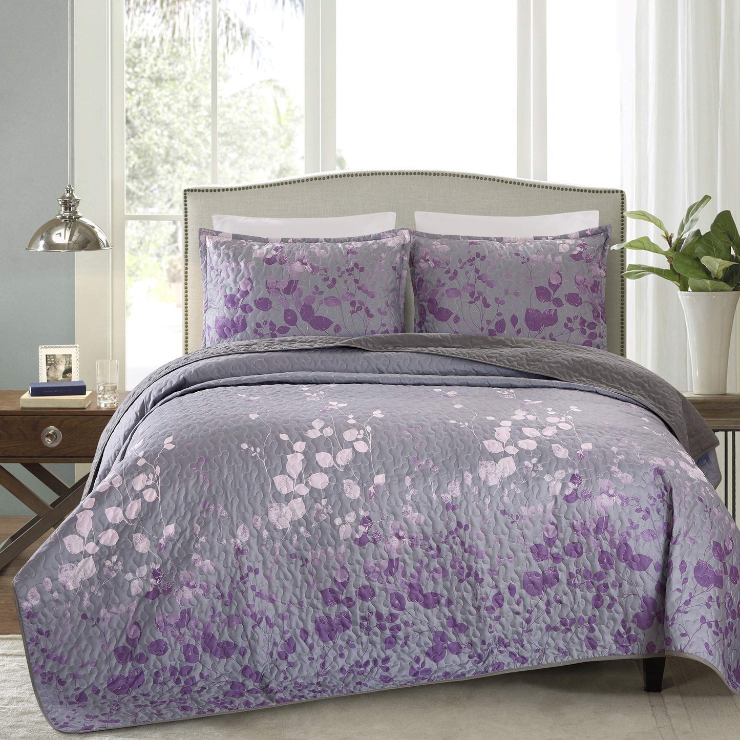 Masterplay 3-Piece Fine Printed Oversize (118 inchx95 inch ) Quilt Set,Bedspread Coverlet King Size Bed Cover (Dark Grey,Purple Gradient,Vine)
