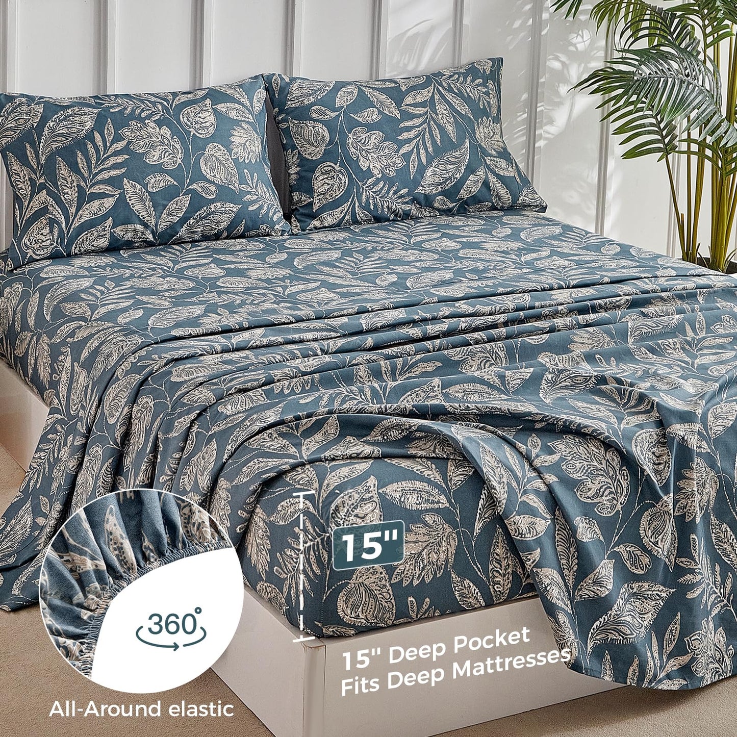 Tokokimo Paisley Sheets Set King Size, 16 inches Deep Pocket Fitted Sheet, Flat Sheet & Envelope Closure Pillowcases, Soft Breathable Microfiber Sheet Set 4-Piece, Blue Leaf Floral