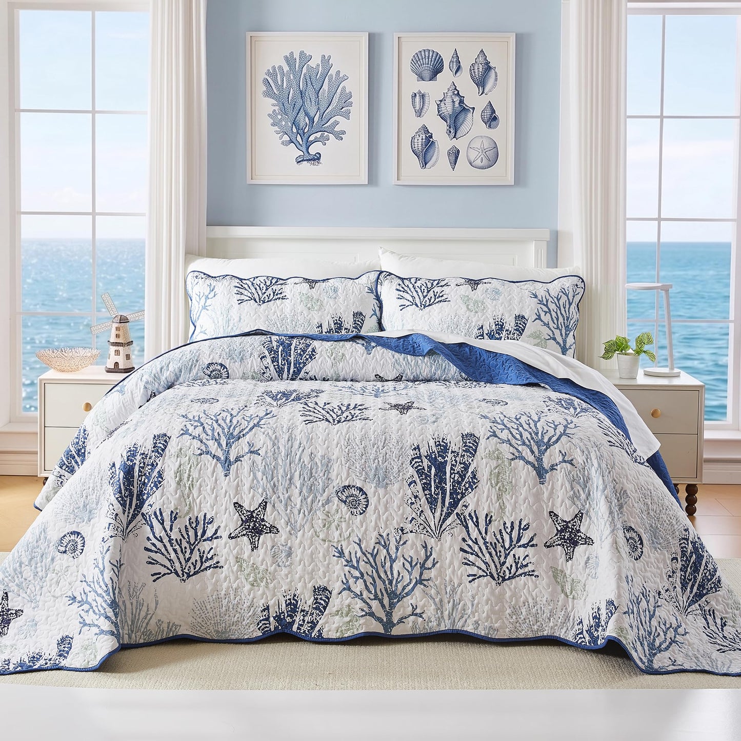 Qucover Coastal Quilt Sets King Size 106x98in, Reversible Microfiber Quilts with 2 Shams Soft Lightweight Beach Bedding Bedspread Coverlet Summer Comforter Set for All Season, Navy Blue