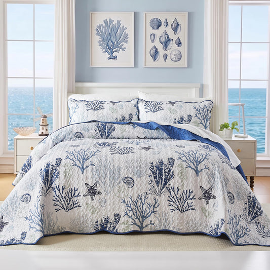 Qucover Coastal Quilt Sets King Size 106x98in, Reversible Microfiber Quilts with 2 Shams Soft Lightweight Beach Bedding Bedspread Coverlet Summer Comforter Set for All Season, Navy Blue