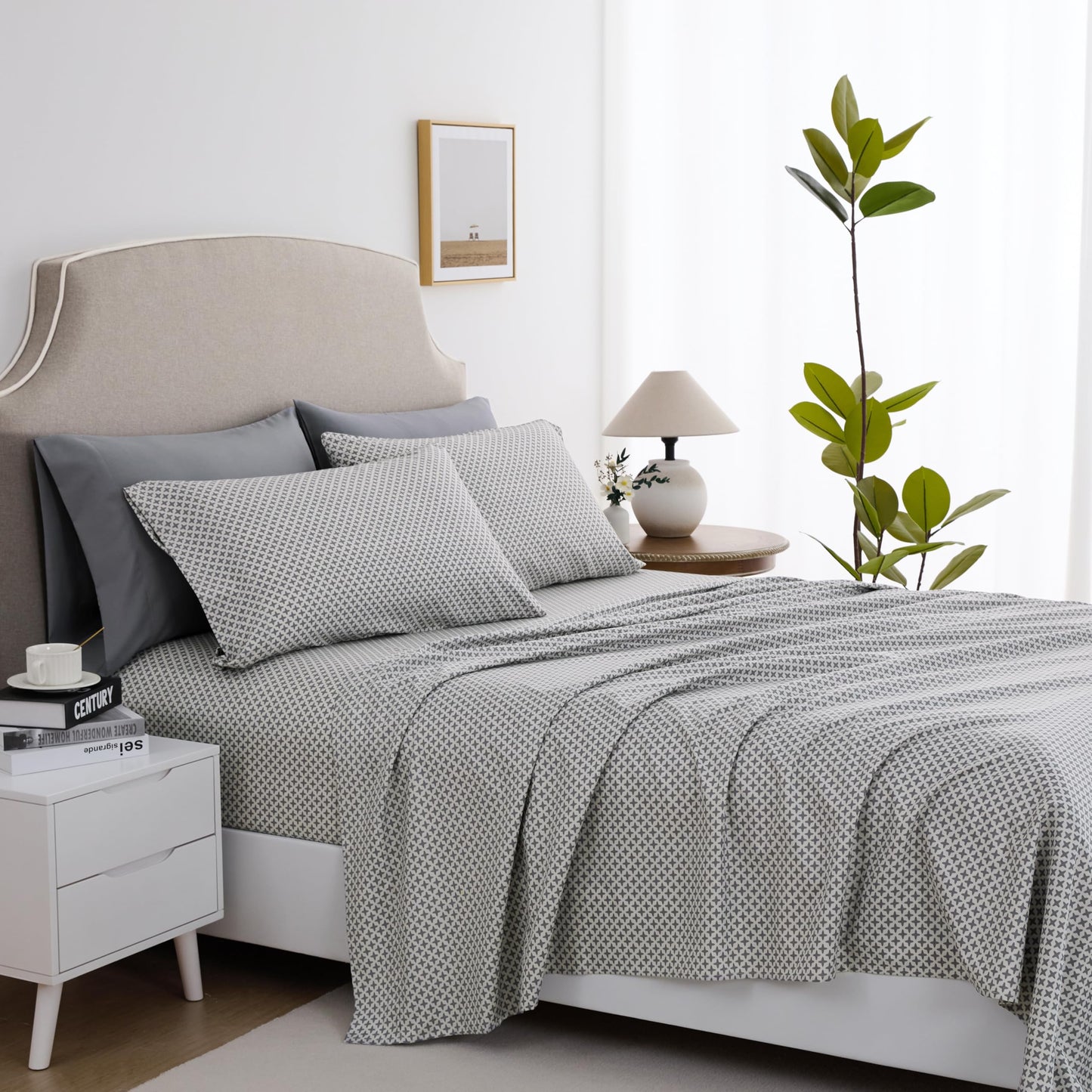 Spirit Linen home 6-Piece King Size Bed Sheet Set - Deep Pocket, Diamond Print Pattern, Soft and Breathable Bed Sheets, Microfiber Material, Includes 1 Fitted, 1 Flat, 4 Pillowcases - Grey Diamond