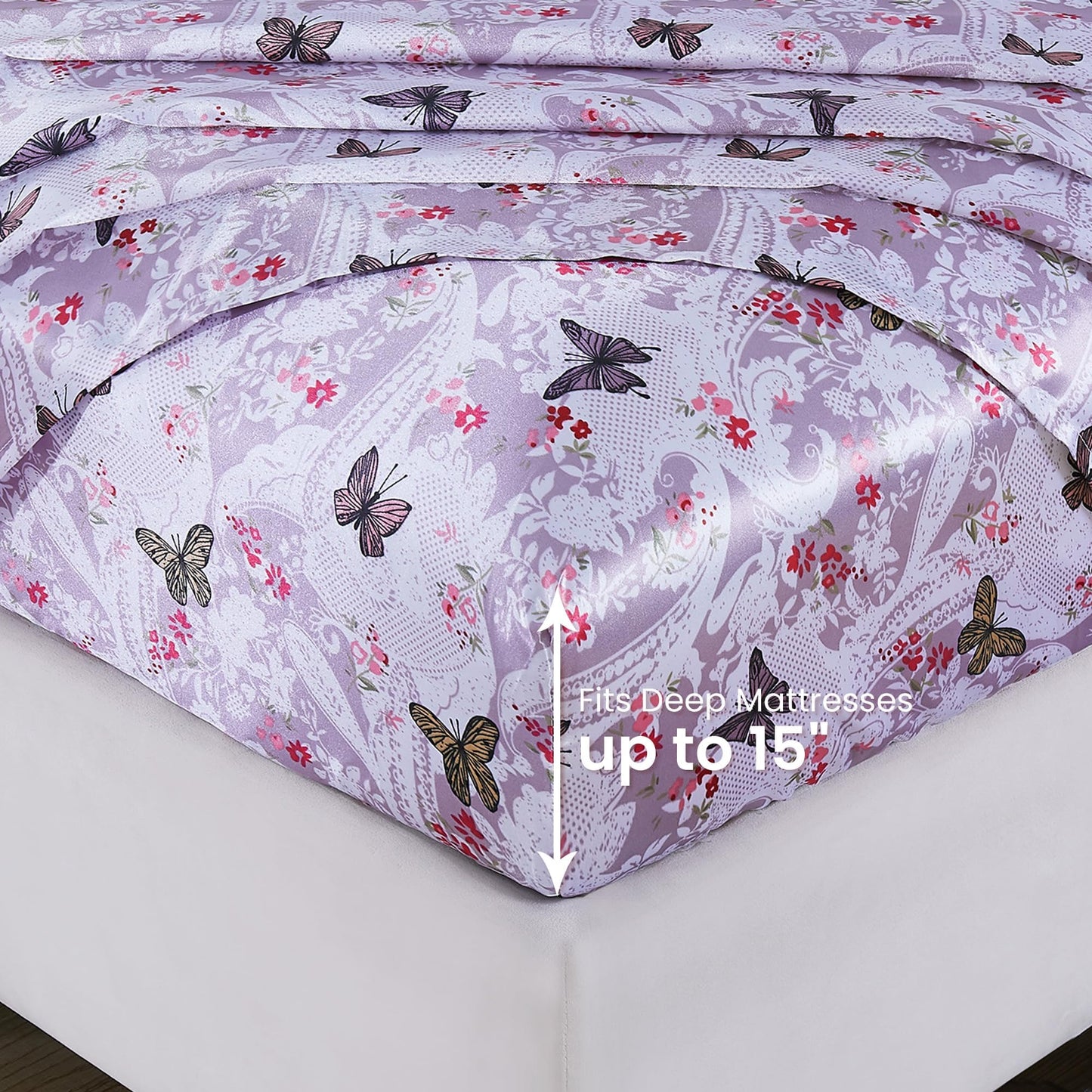 lasoftan Paisley Floral Satin Sheets King, Silky Butterfly Printed Fitted Bed Sheet with 15" Deep Pocket & Non-Slip Straps, Luxury Hotel Satin Summer Cooling Sheets & Pillowcase Set, Purple
