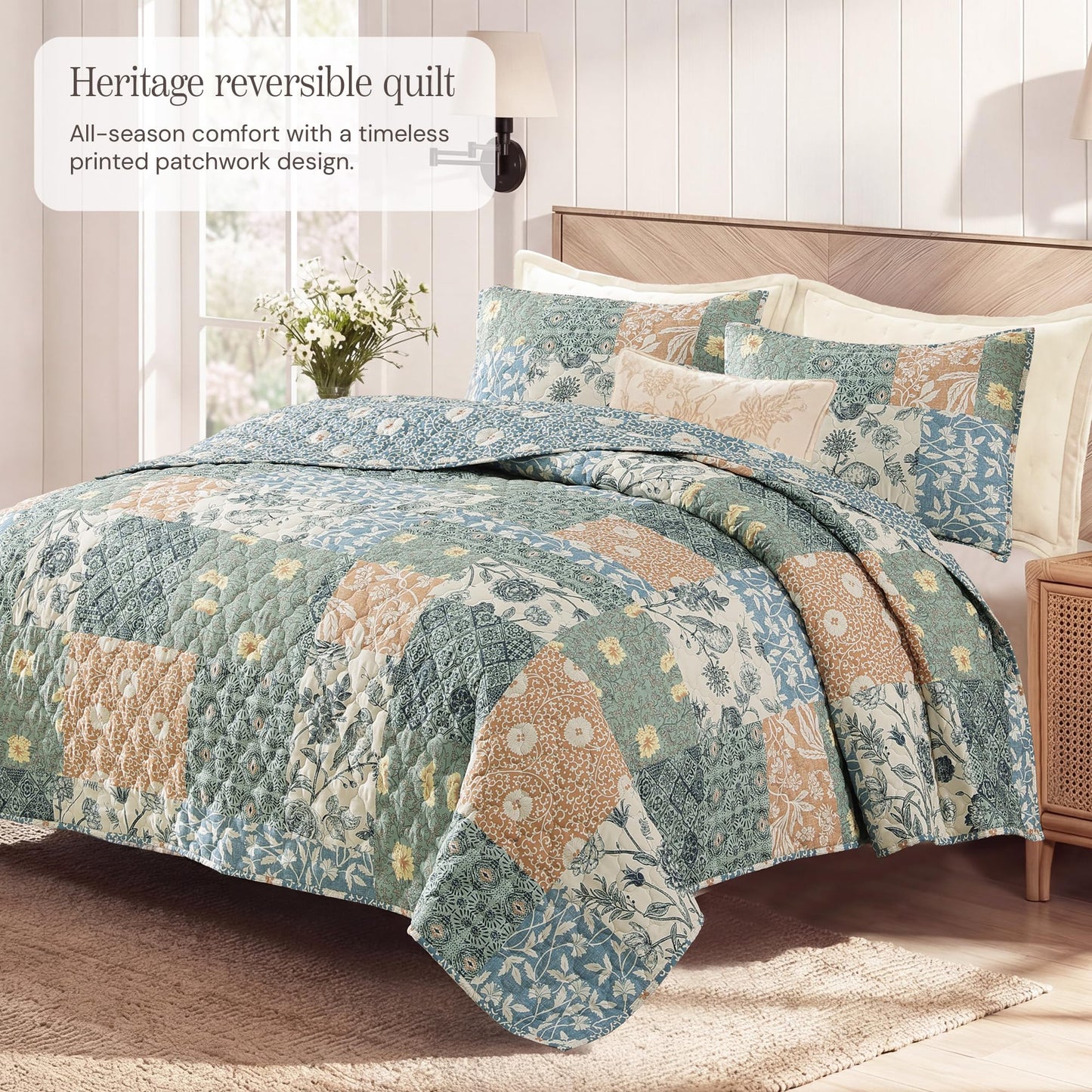 BLOOMHAVEN Quilt Set Queen Size, Patchwork Green Floral Quilt Sets, Reversible Bedspread Lightweight and Breathable for All Seasons, Soft Quilted Bedspread with 2 Pillow Shams