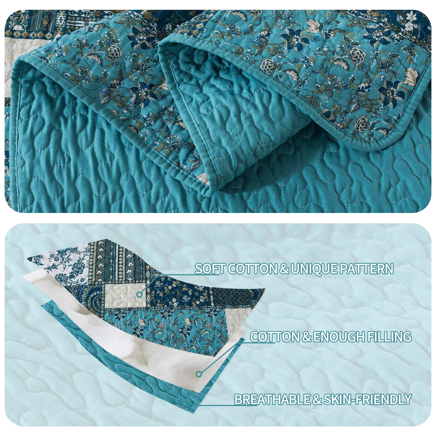 BEDIFANY Cotton Queen Size Quilt Sets, Lightweight Bedspread Queen Size Coverlet Boho Queen Quilt, Soft Farmhouse Queen Quilt Bedding Sets for Bed Decorations for All Seasons (3 Pieces, Blue)