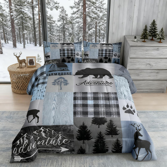 Rustic Patchwork Comforter Set,Blue Grey Checkered Plaid Quilt Set for Kids Teens Adult,Wild Animals Bear Elk Pine Trees Pattern Print Bedding Set Vintage Farmhouse Duvet Insert,Twin Size