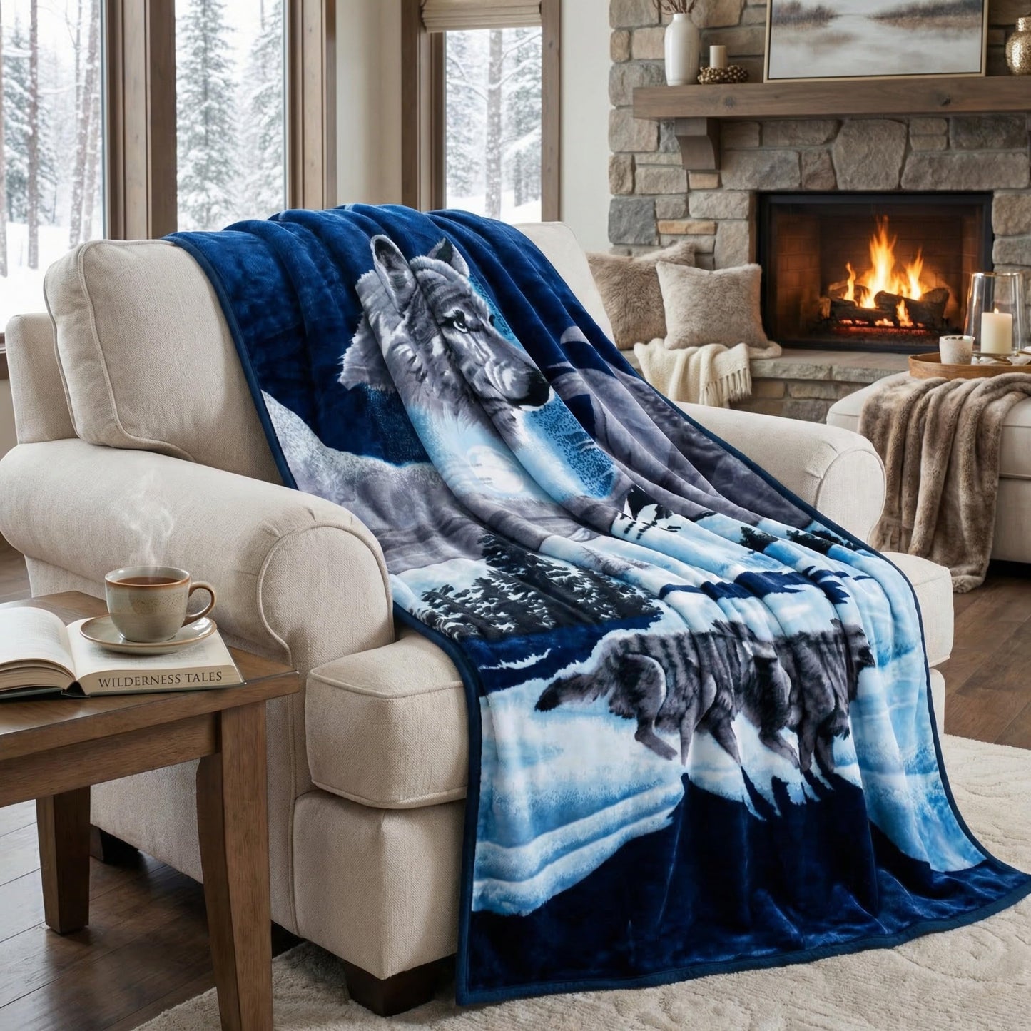 Lavish Home Wolf Blanket - 74x91-inch Printed Winter Wolf Blanket - Plush Thick 7.5lb Faux Mink Queen Throw for Couch, Sofa, or Bed