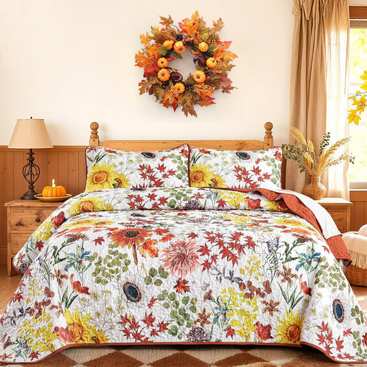 Yiran Fall Floral Quilt Set King Size, Orange Red Sunflower Botanical Bedspread Bedding Set, 3 Pieces Soft Lightweight Microfiber Coverlet with 2 Pillow Shams for All Season 106x90 Inch