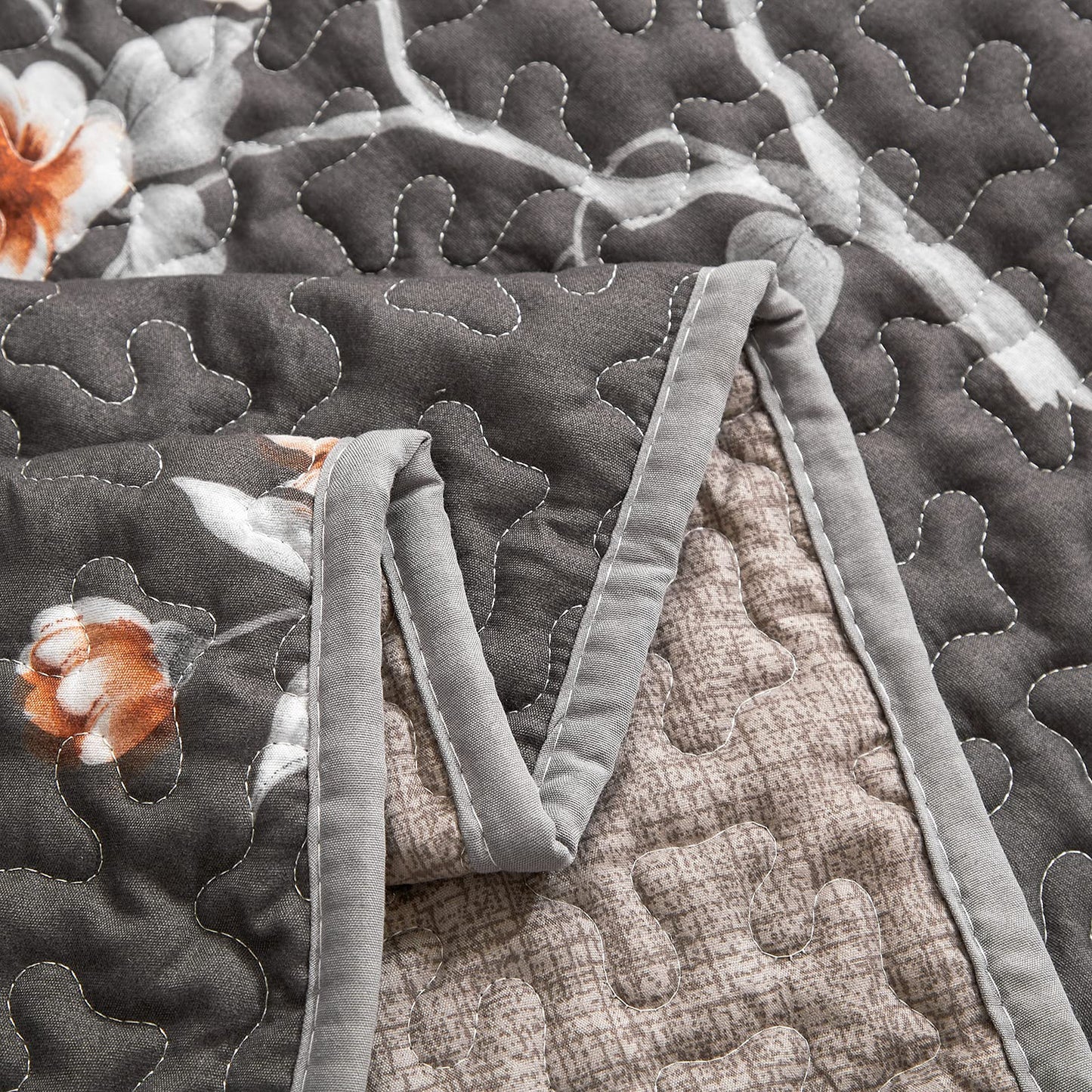 Flysheep 2 Pieces Quilt Set Twin Size, Dark Gray Floral Reversible Bedspread Coverlet Set, Soft Microfiber Lightweight Bed Cover for Kids (68" x 86", 1 Quilt+ 1 Pillow Sham)