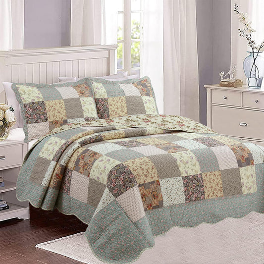 Cozy Line Home Fashions 100% Cotton Hand Piecing Real Patchwork Country Farm Vintage Antique Floral Reversible Quilt Bedding Set, Coverlet Bedspread for All Seasons (Cottoge, King - 3 Piece)