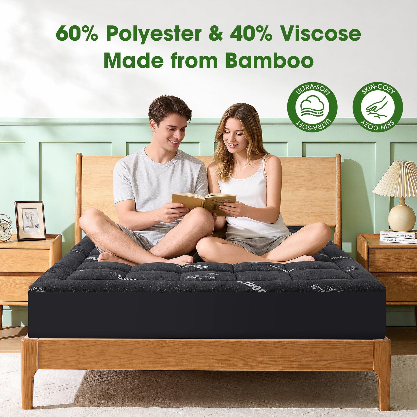 Mattress Pad Queen Size, Cooling Pillow Top Mattress Topper, Ultra Soft Viscose from Bamboo, Breathable for Hot Sleepers, Deep Pocket 8"-20", Black