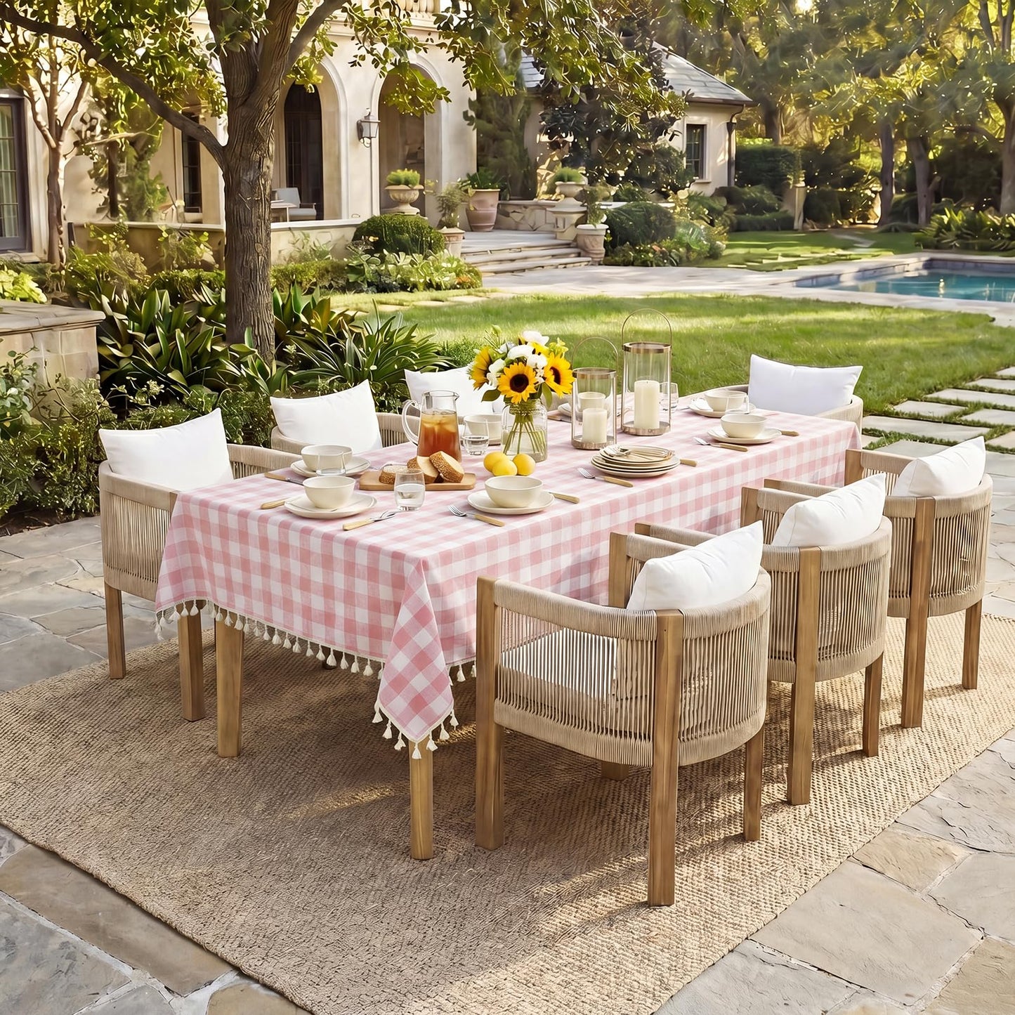 Softalker Pink Gingham Tablecloth Rectangle, Outdoor Linen Cotton Checkered Table Cloth with Tassel, Heavy Duty Wrinkle Free Buffalo Plaid Table Cover for Kitchen Dining Home Party - 55 x 84 Inch