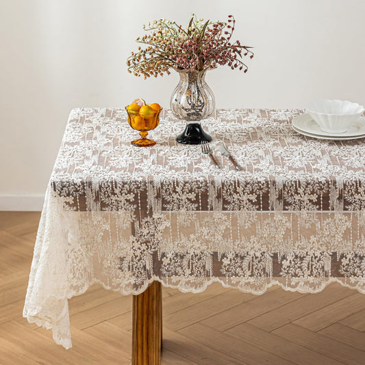 OUZHUHUI Lace Embroidered Tablecloth. Square Lace Vintage Tablecloth Dustproof Table Protector for Kitchen Dining Room Party Banquet Home Picnic Wedding Decoration (Creamy White 35.5×53 inch)