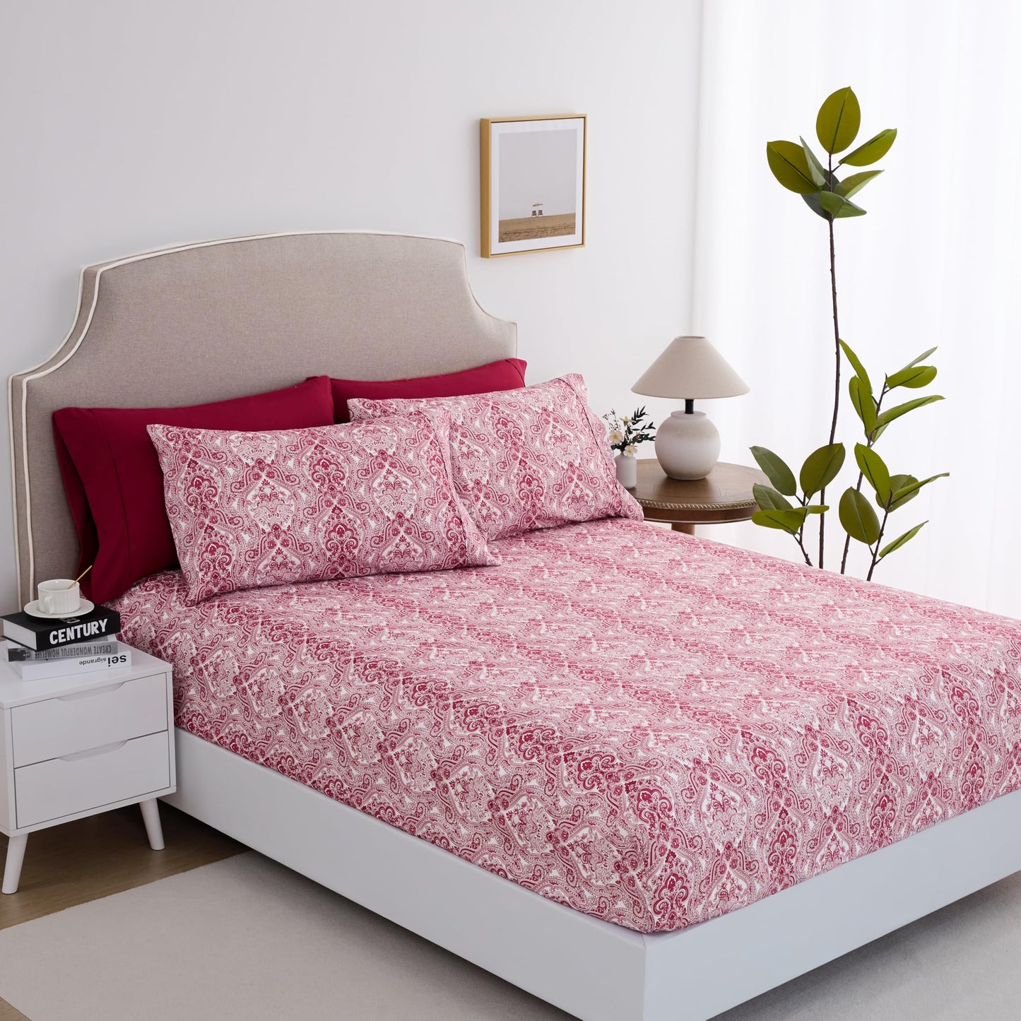 Spirit Linen Home 6-Piece Queen Size Bed Sheet Set - Deep Pocket, Paisley Print Design, Soft and Breathable Bed Sheets, Microfiber Material, Includes 1 Fitted, 1 Flat, 4 Pillowcases - Burgundy Paisley