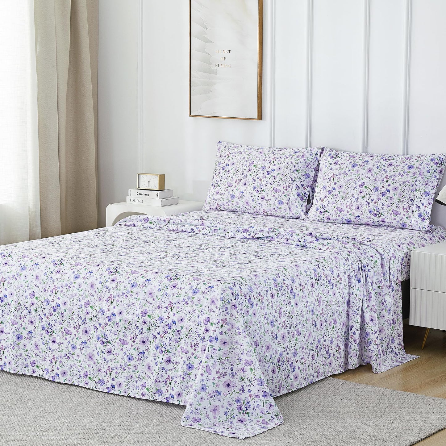 Viviland Floral Queen Sheet Set - 4 Piece Vintage Lavender Flower and Leaves Patterned Bed Sheets - Soft, Breathable Microfiber Sheets with Deep Pocket, Non-Slip Fitted Sheets & Pillowcases