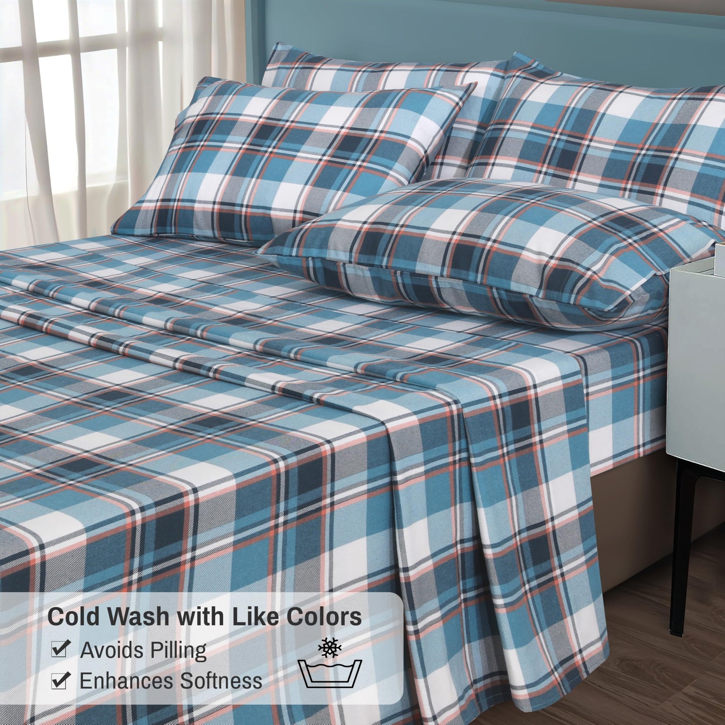RUVANTI Flannel Sheets Queen Size 4 Pcs - 100% Cotton Double Brushed Bed Sheets, Deep Pockets 16 Inches Queen Sheet Set, All Seasons Breathable, Extra Soft & Comfy, Dynasty