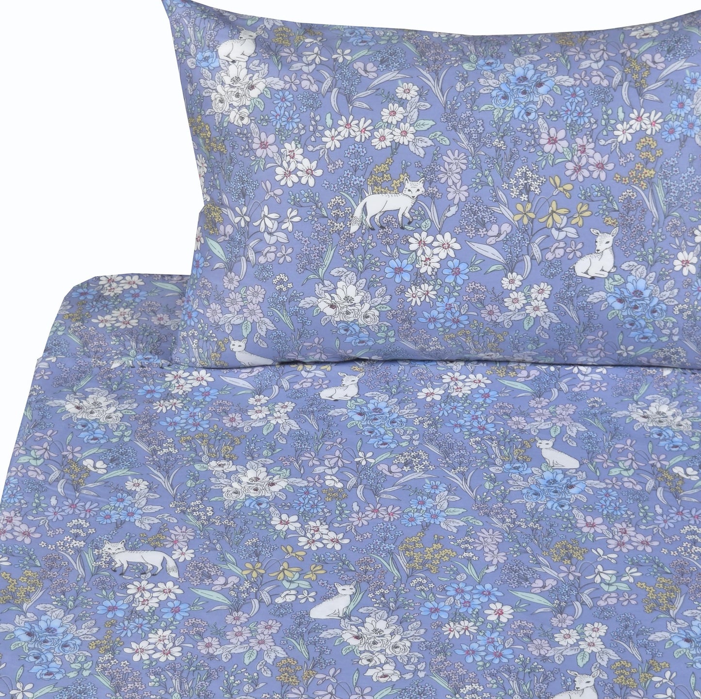 J-pinno Fox Deer Woods Flowers Forest Animals Full Sheet Set Girls Kids Teens Bed Bedroom Decoration Gift, 100% Cotton, Flat Sheet + Fitted Sheet + Pillowcase Bedding Set (36, Full)