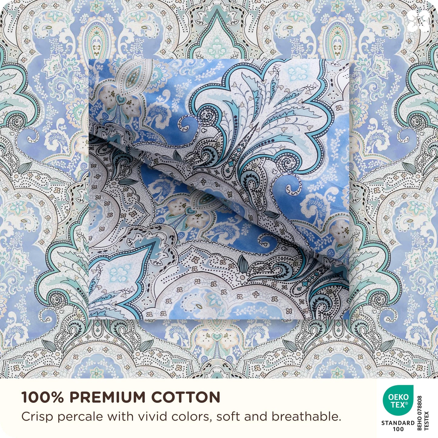 Bedsure Duvet Cover Queen Size - 100% Cotton Reversible Classic Paisley Damask Pattern Duvet Cover Set, 3 Pieces Soft & Breathable PureWoven Bedding Set with 2 Pillow Shams (Blue Paisley 90"x90")