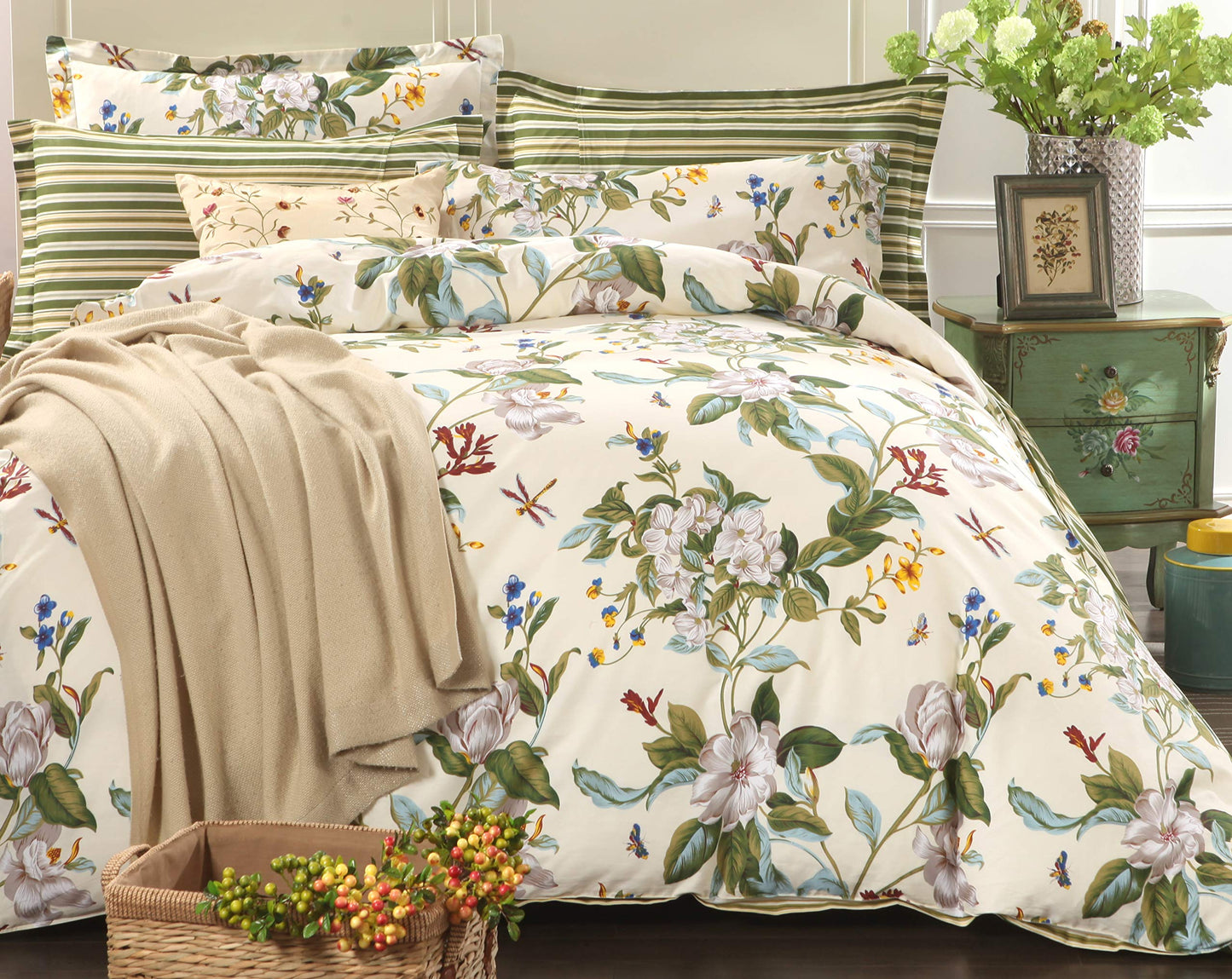 FADFAY Floral Duvet Cover Set 100% Cotton Green and Beige Striped Shabby Flower Bedding Branches Summer Bedding Reversible 600 TC Soft Zipper Comforter Cover & 2 Pillowcases，Full