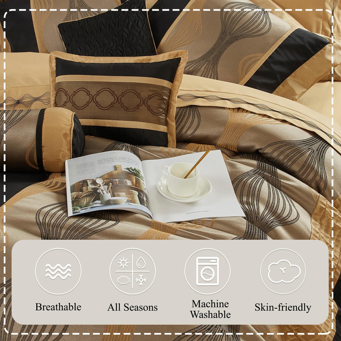Stratford Park Black and Gold Comforter Set, 7 Pieces Jacquard Bedding Sets with Comforter, Bed Skirt, Pillows & Shams, Queen Size, Lightweight Microfiber, All Season Bedroom Home Décor