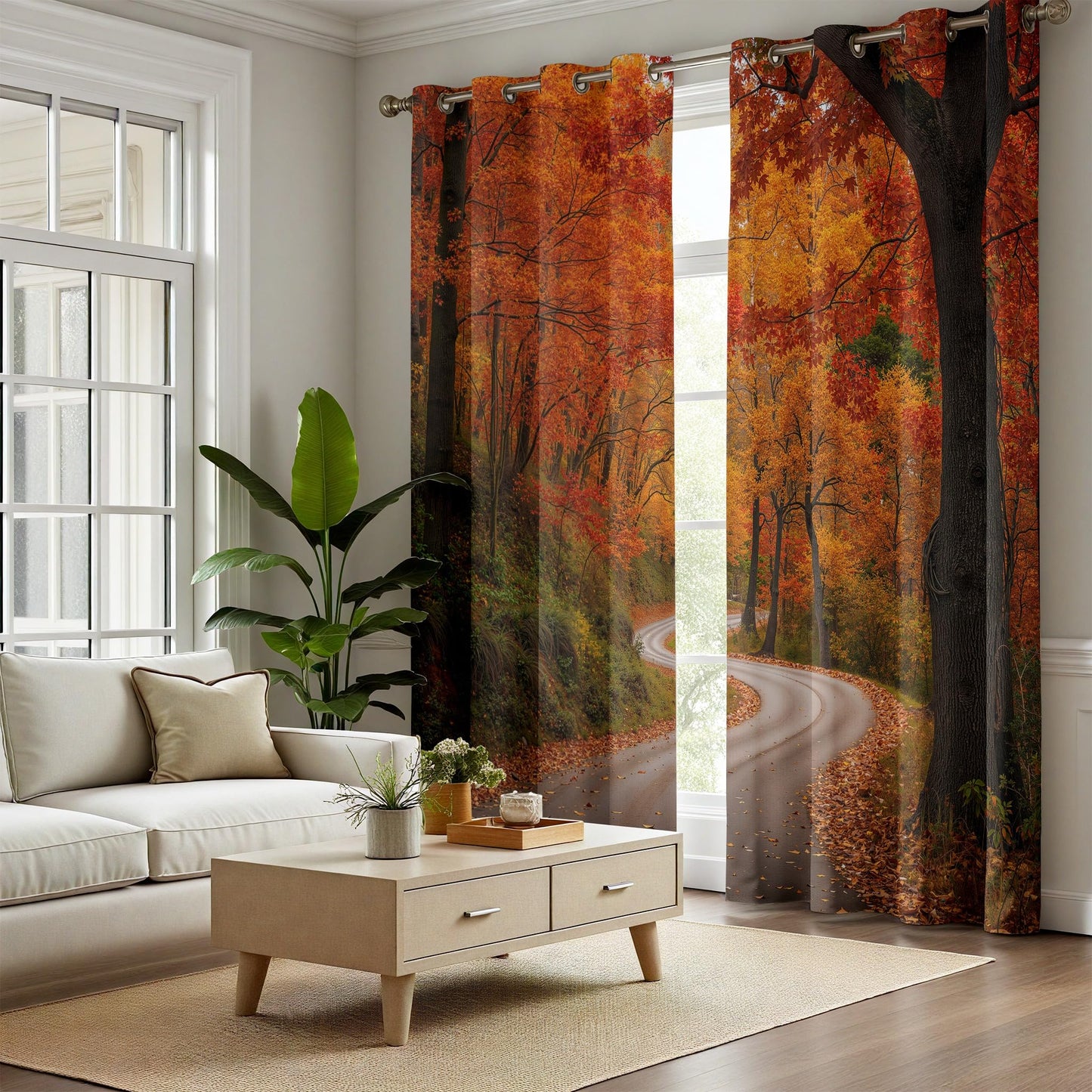Rufxnn Maple Leaves Road Grommet Curtains Window Treatment, Autumn Forest Landscape Curtain Blackout Thermal Insulated, Nature Scenery Drapes for Bedroom Living Room Office 52x63 Inch 2 Panels Set