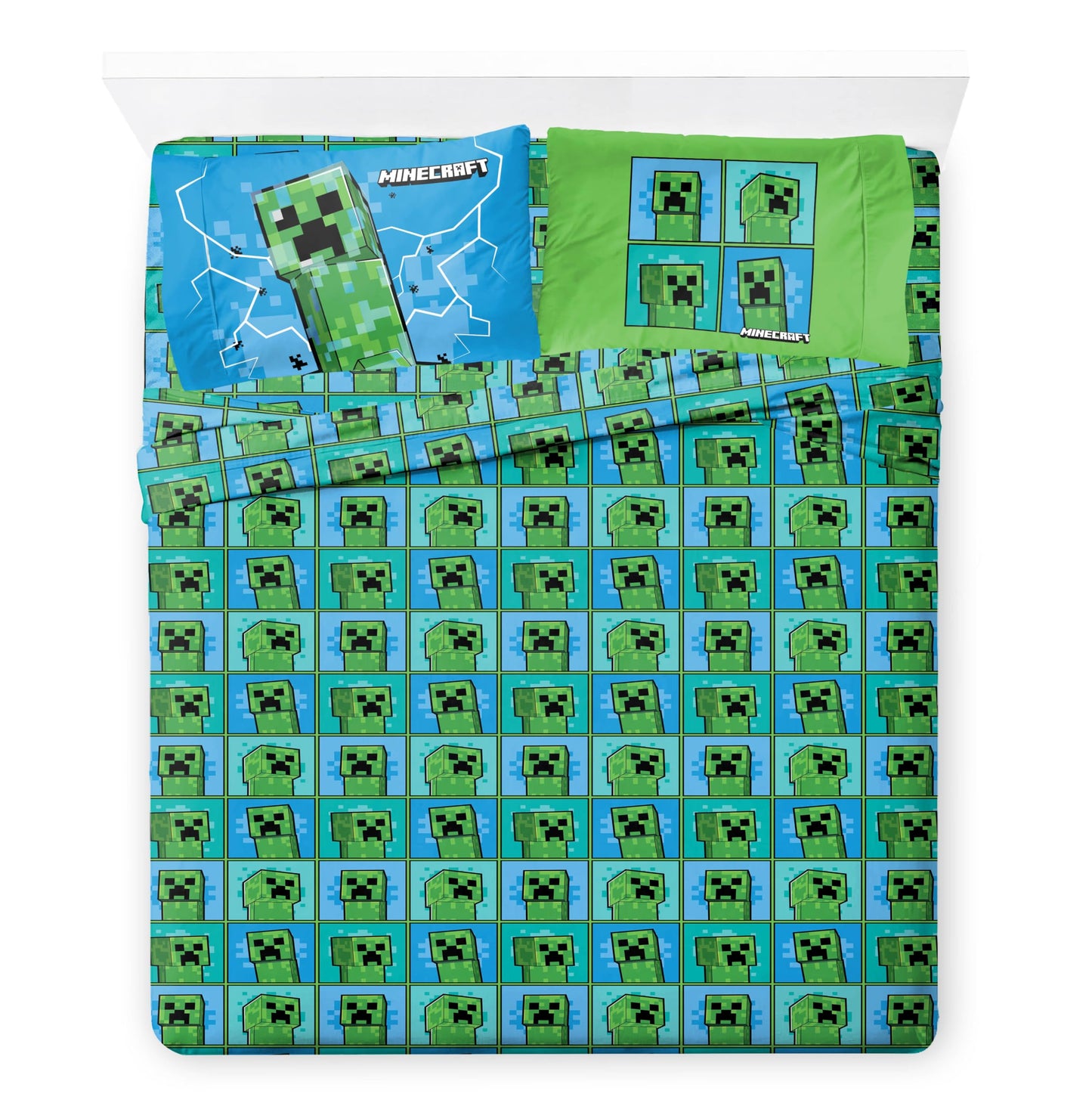 Jay Franco Kids Comforter Set Includes Sheets and Pillow Covers - Soft and Cozy Bed Set for Stylish Room Decor, Green - Minecraft Creeper, 7 Piece Queen Size Bedding