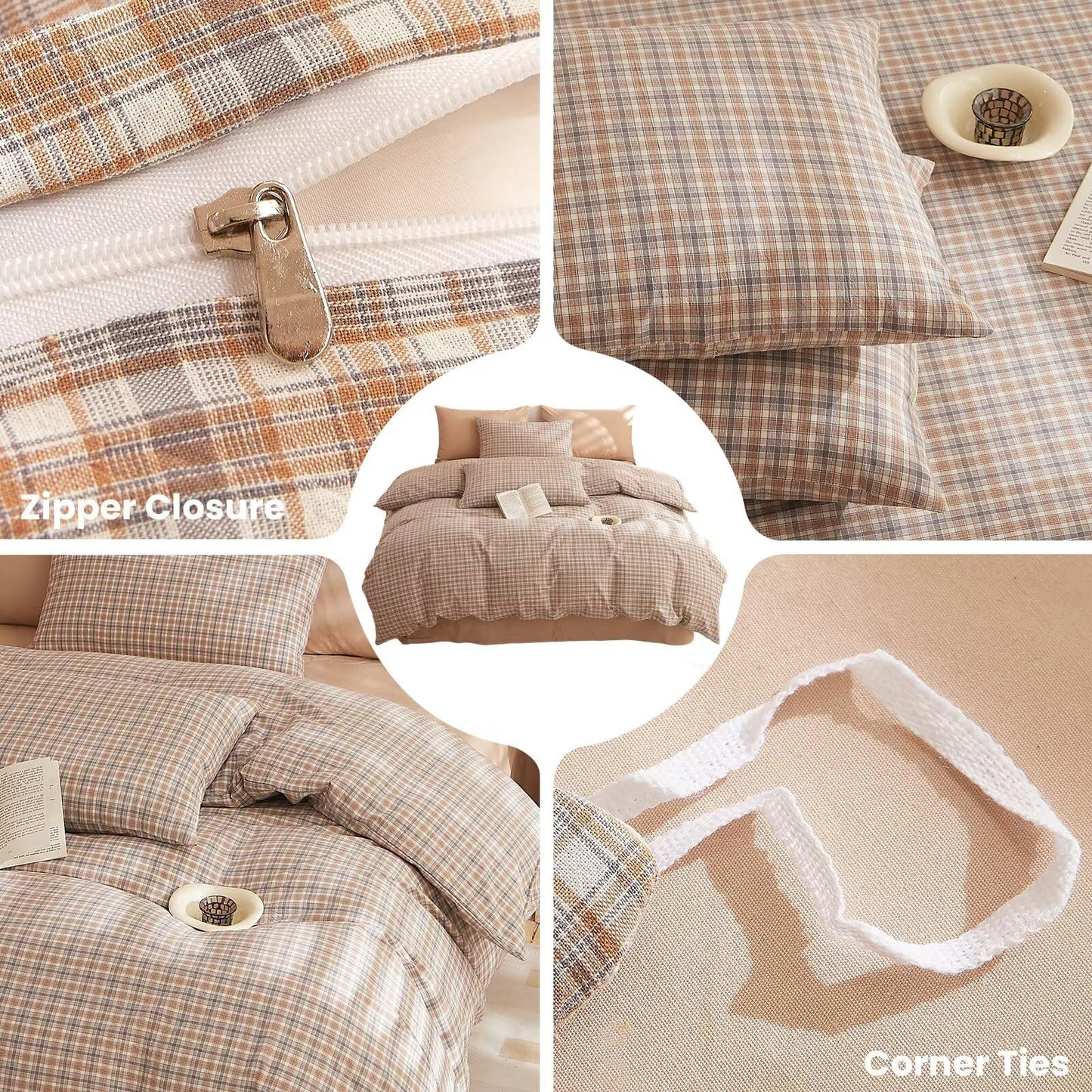 AMZTOP Plaid Queen Size Duvet Cover Set 100 Cotton,1 Duvet Cover and 2 Pillowcases,Soft Comfy Breathable Comforter Covers Bed Set,Washed Cotton Zipper Closure Queen Bedding 90"×90"